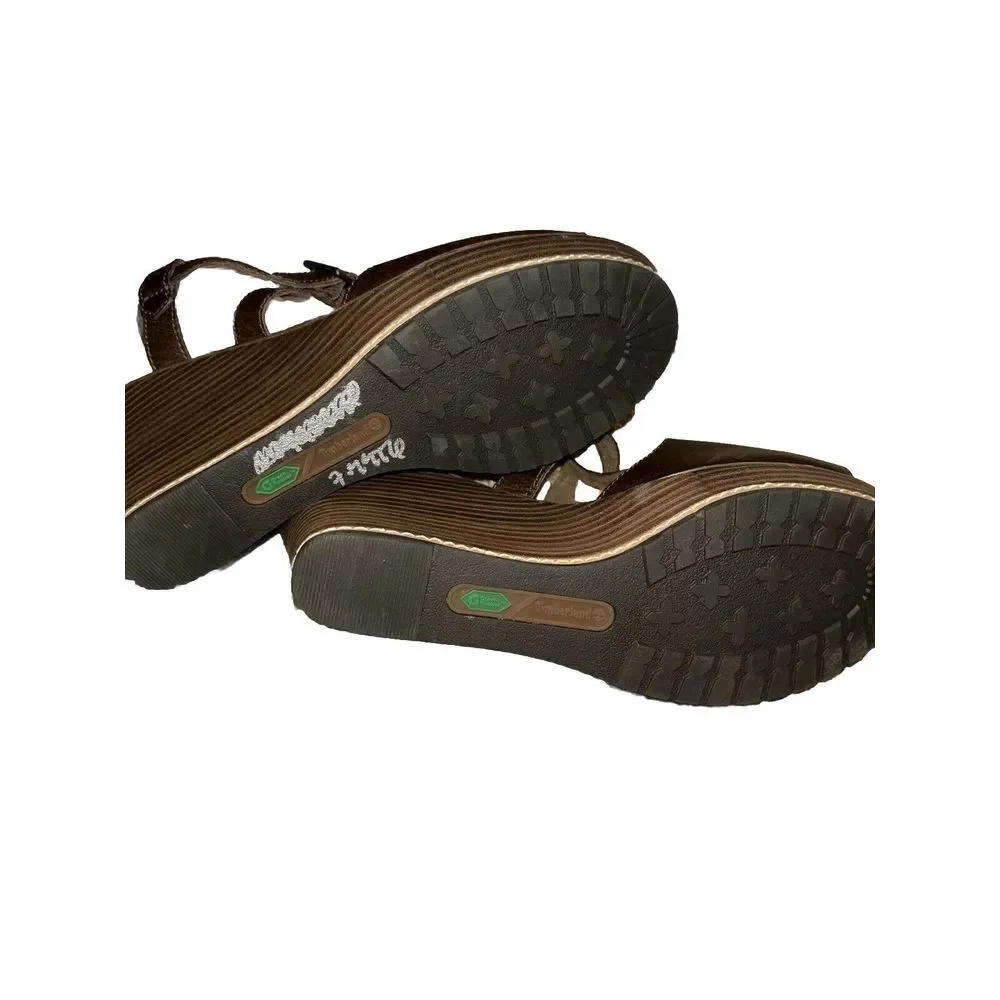 Timberland Earthkeepers Danforth Brown Wedge Leather Sandals Size 9 Anti-Fatigue